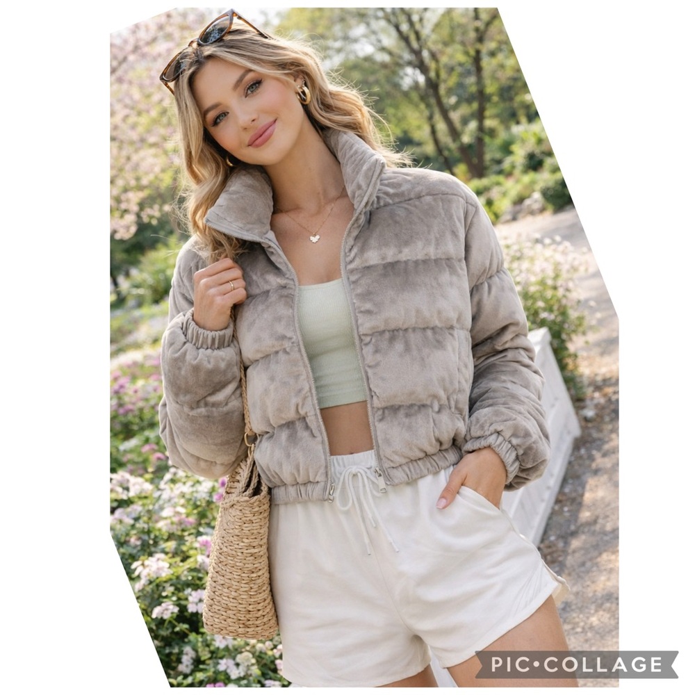SACRE VELOUR PUFFER OVERSIZED CROPPED LIFESTYLE JACKET STONE GRAY